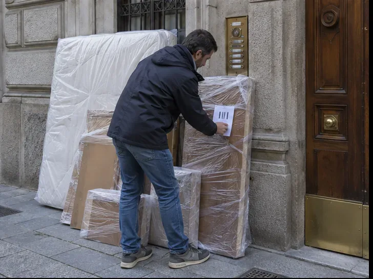 Una persona applica un cartellino con il codice della richiesta a un mobile imballato fuori da un edificio.