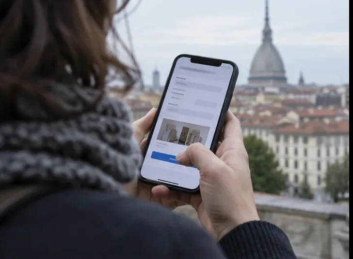 Una persona consulta sul telefono un modulo di prenotazione per il ritiro di rifiuti ingombranti.