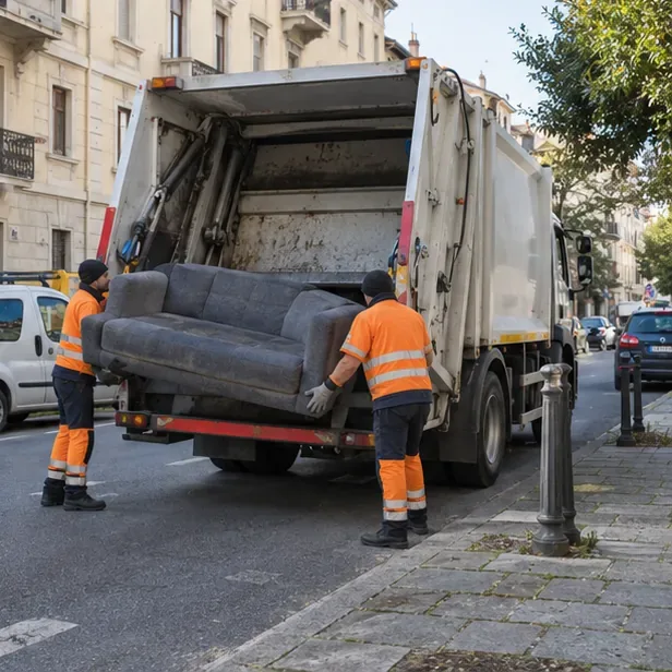 Due addetti caricano un divano su un automezzo per la raccolta dei rifiuti ingombranti in una strada urbana.