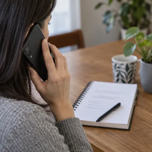 Una persona telefona con uno smartphone accanto a un quaderno con gli appunti per il ritiro dei rifiuti ingombranti.