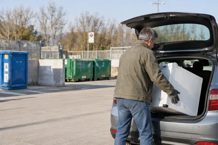 Una persona scarica un apparecchio voluminoso da un’automobile presso un centro di raccolta con contenitori per materiali diversi.