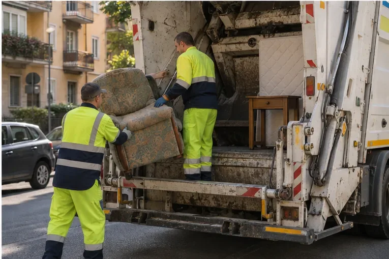 Operatori del servizio rifiuti caricano una poltrona e altri ingombranti su un automezzo.