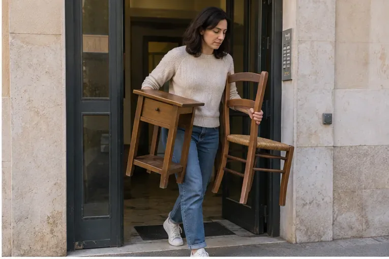 Una persona porta un tavolino e una sedia fuori dal portone per prepararli al ritiro.