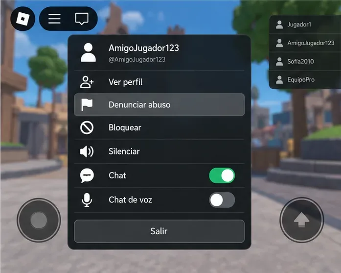 Menú ilustrativo dentro de una experiencia de Roblox con opciones para denunciar, bloquear, silenciar y gestionar chat