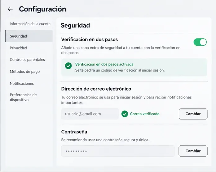 Pantalla ilustrativa de configuración de seguridad de Roblox con verificación en dos pasos y correo verificado
