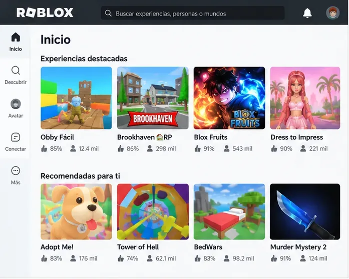 Pantalla ilustrativa de inicio de Roblox con buscador, experiencias destacadas y recomendaciones