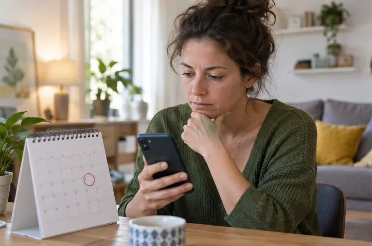Personne consultant un calendrier et son téléphone après un rendez-vous administratif