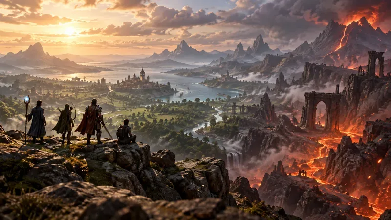 Fantasy adventurers overlooking a green valley that transitions into a volcanic region, illustrating a new journey across a changing fantasy world