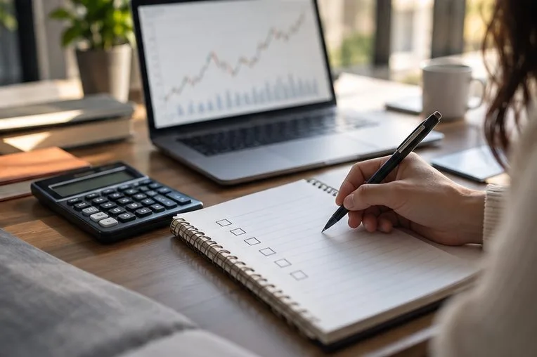 A person writes a checklist beside a calculator and a laptop with a blurred portfolio chart.