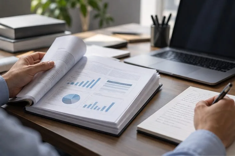 Hands review a printed quarterly report with charts and handwritten notes beside a laptop.