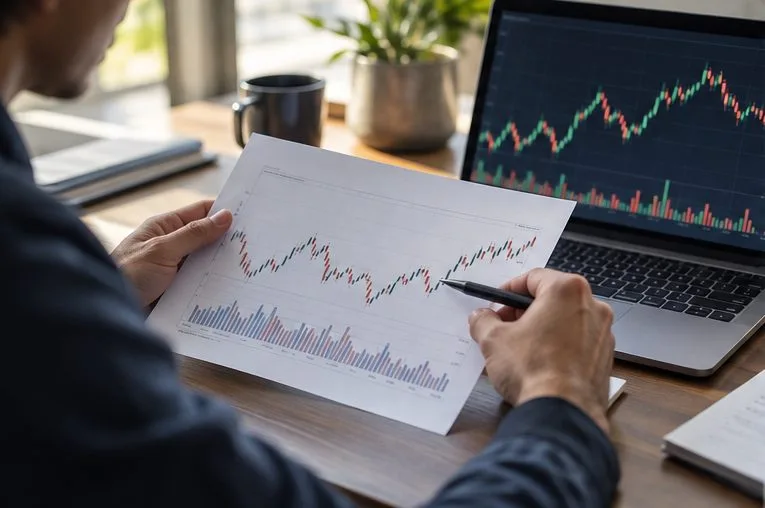 An analyst compares a printed candlestick chart and volume bars with a laptop displaying a generic market chart.