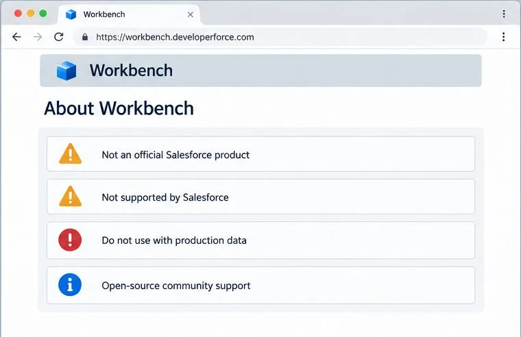 Illustrative Workbench About page showing notices that Workbench is not an official Salesforce product, is not supported by Salesforce, should not be used with production data, and has open-source community support