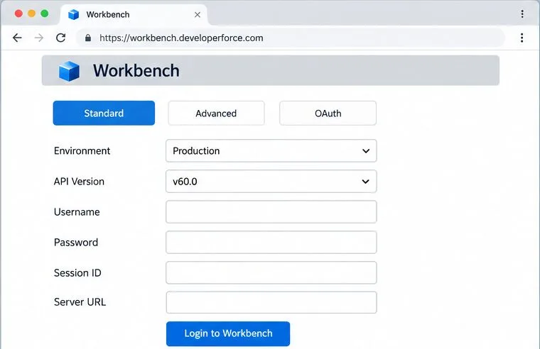 Illustrative Workbench login screen showing Standard, Advanced, OAuth, Environment, API Version, Username, Password, Session ID, and Server URL fields