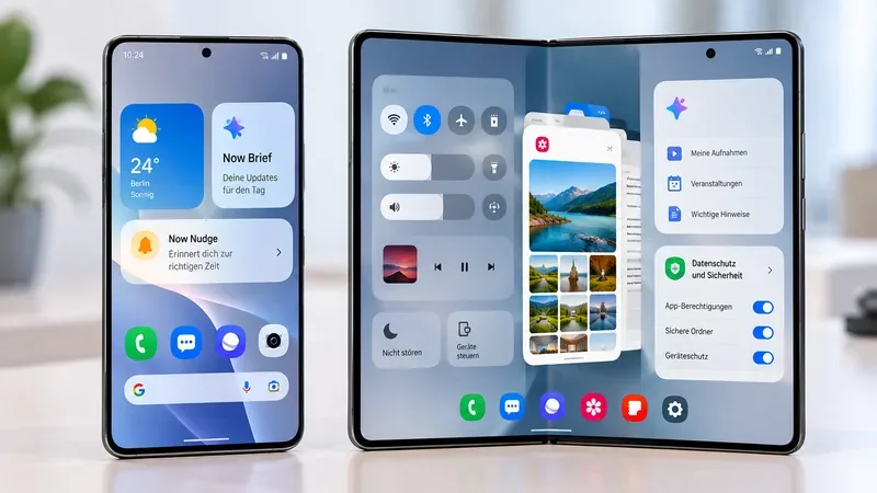 Illustrative Darstellung eines Galaxy-Smartphones und eines Foldables mit One-UI-ähnlichen Karten für Now Brief, Now Nudge, Schnellzugriffe und Datenschutzoptionen