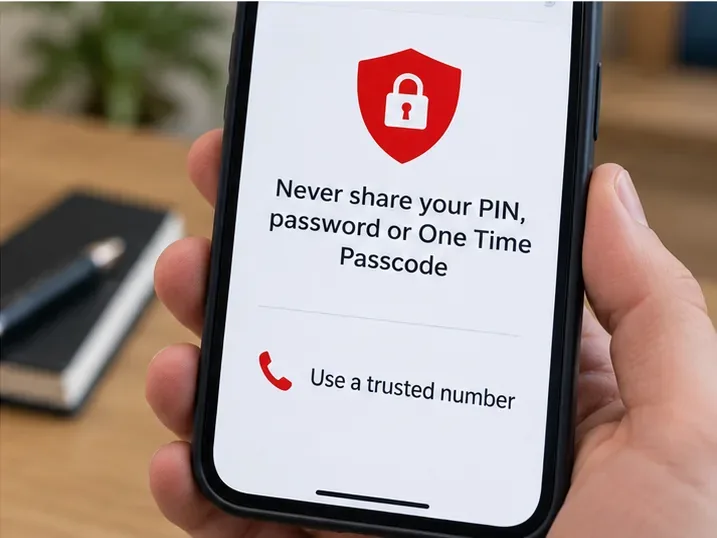 A phone displaying a security reminder not to share a PIN, password, or One Time Passcode and to use a trusted contact number