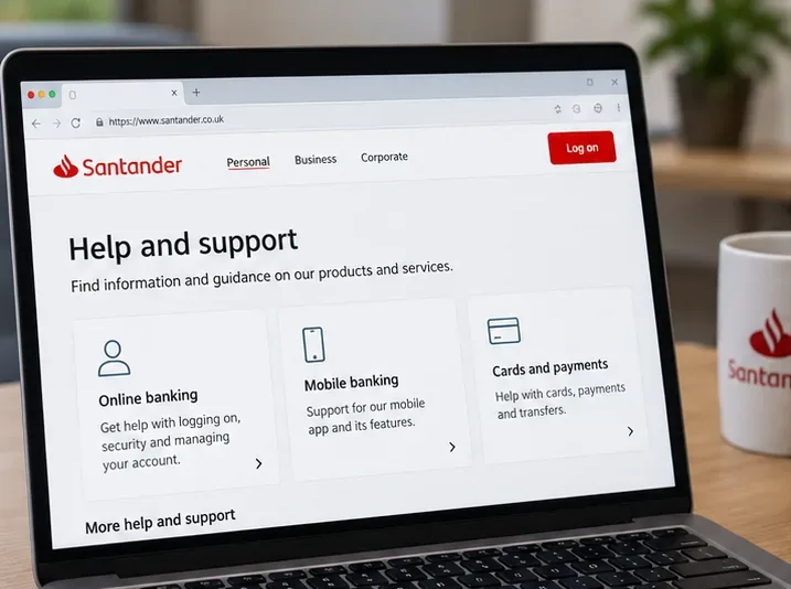 A laptop showing a Santander help and support page with sections for online banking, mobile banking, and cards and payments