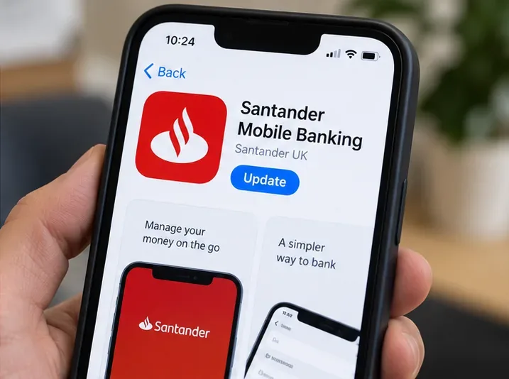 A phone displaying the Santander Mobile Banking app listing with an Update button