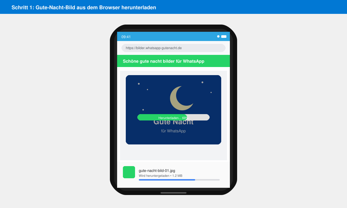 Smartphone-Bildschirm beim Herunterladen eines Gute-Nacht-Bildes aus dem Browser