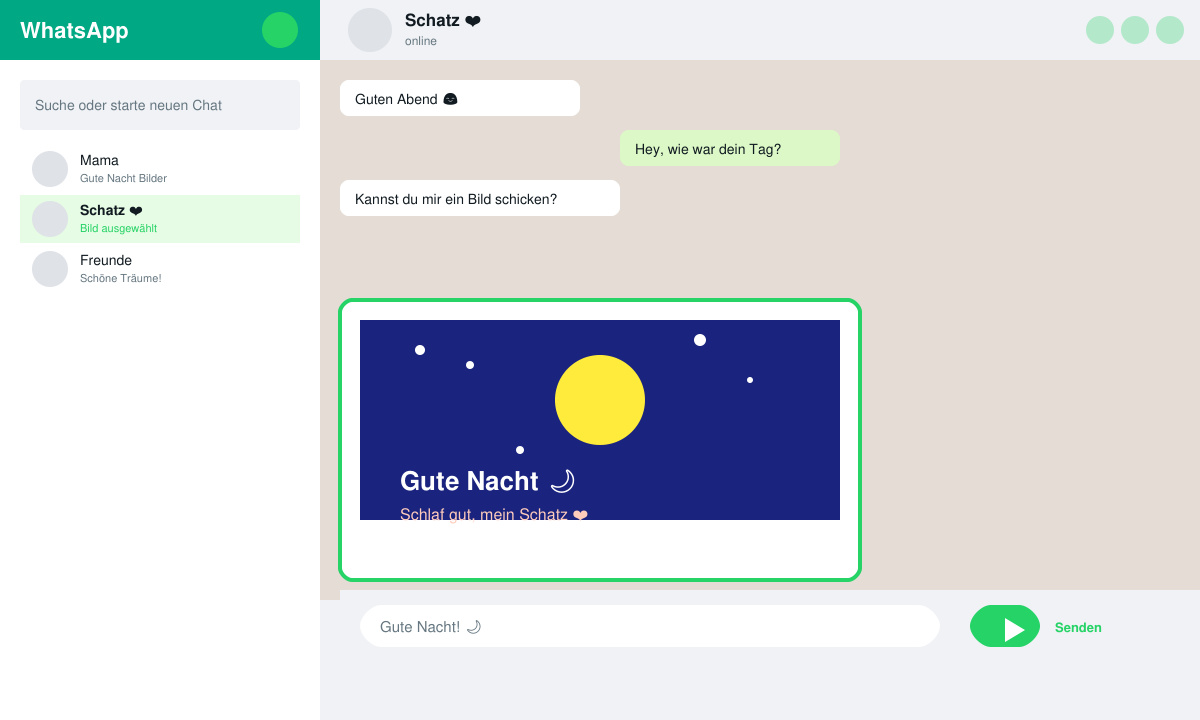WhatsApp-Chat-Fenster mit ausgewähltem Gute-Nacht-Bild vor dem Versenden