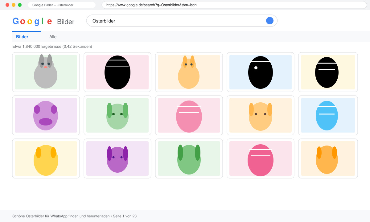 Google-Bildersuche mit dem Begriff Osterbilder und mehreren Vorschaubildern mit Hasen und Ostereiern