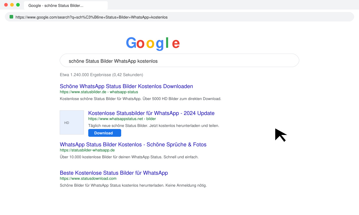 Browserfenster mit Suchergebnissen für schöne Status Bilder WhatsApp kostenlos, Cursor auf einem Download-Button