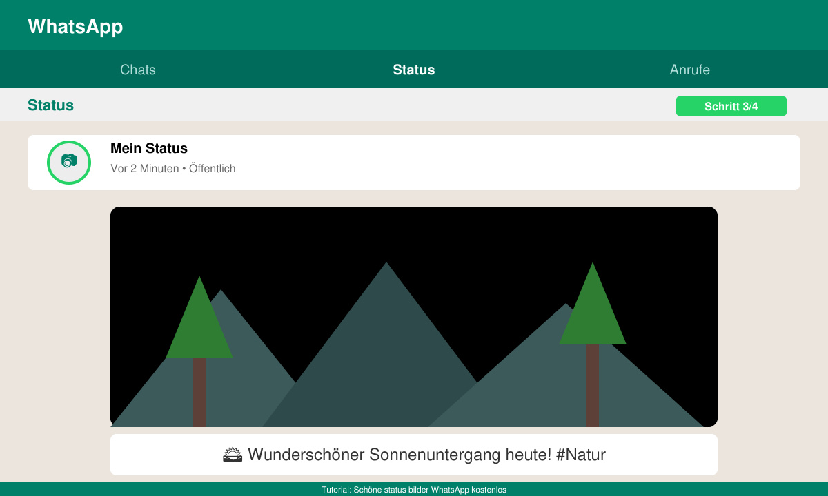 WhatsApp-Status-Ansicht mit hochgeladenem schönem Bild und kurzem Text darunter