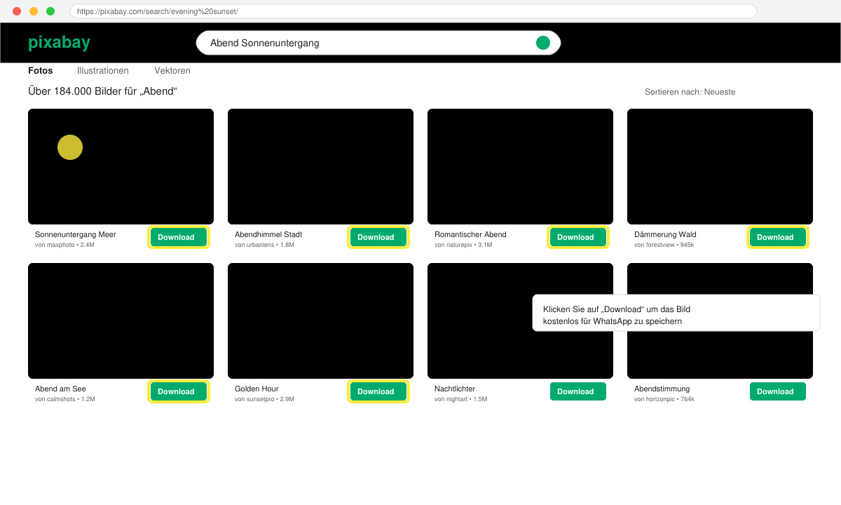 Screenshot of Pixabay search results for evening images with download buttons highlighted