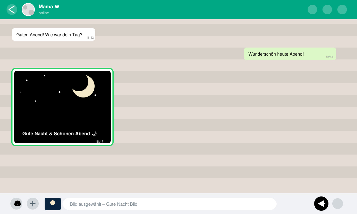 WhatsApp-Chat-Fenster mit ausgewähltem Abendbild und Senden-Button