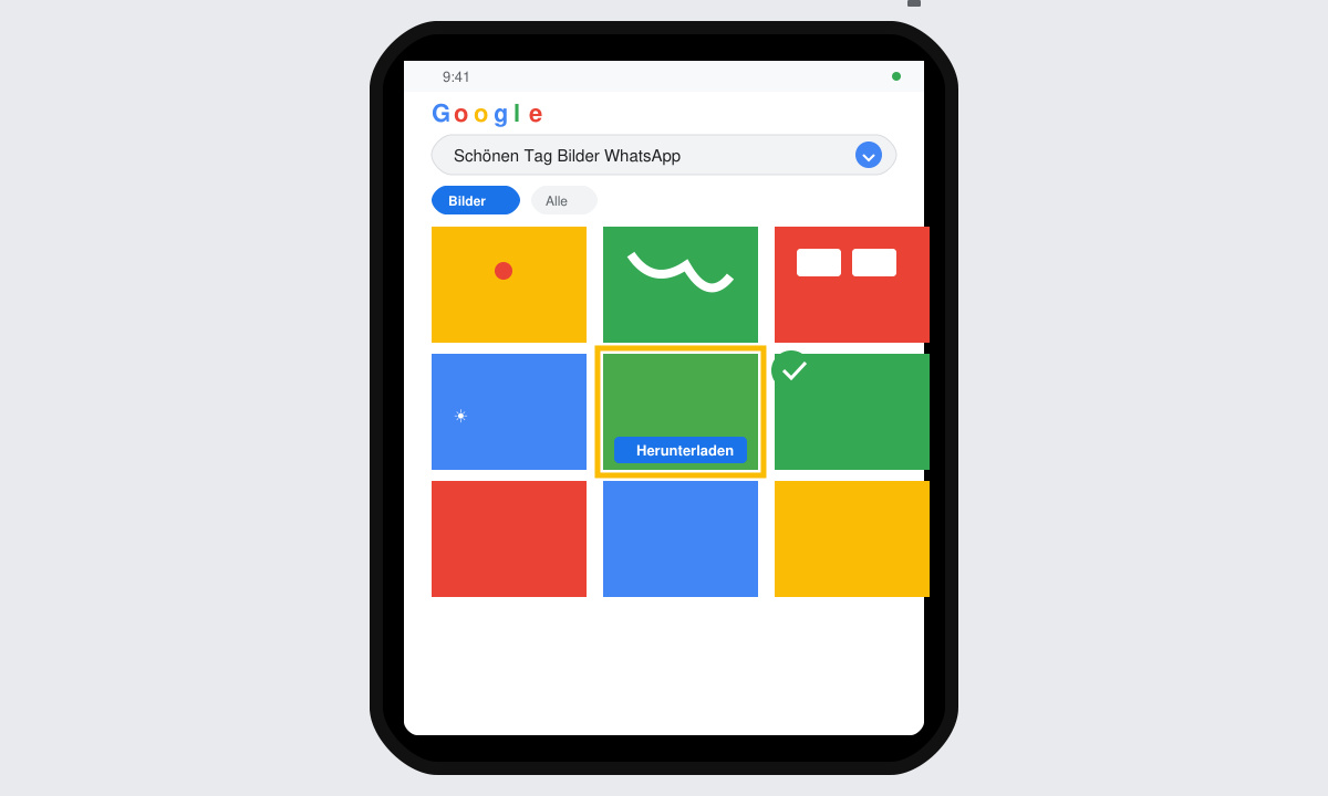 Bildschirm mit Google-Bildsuche und markiertem Download-Button für ein Schönen-Tag-Motiv