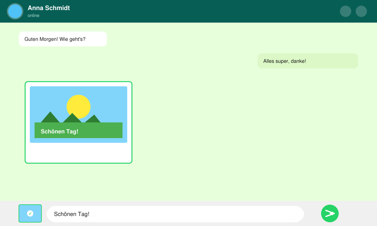 WhatsApp-Chat-Fenster mit ausgewähltem Schönen-Tag-Bild und Senden-Button