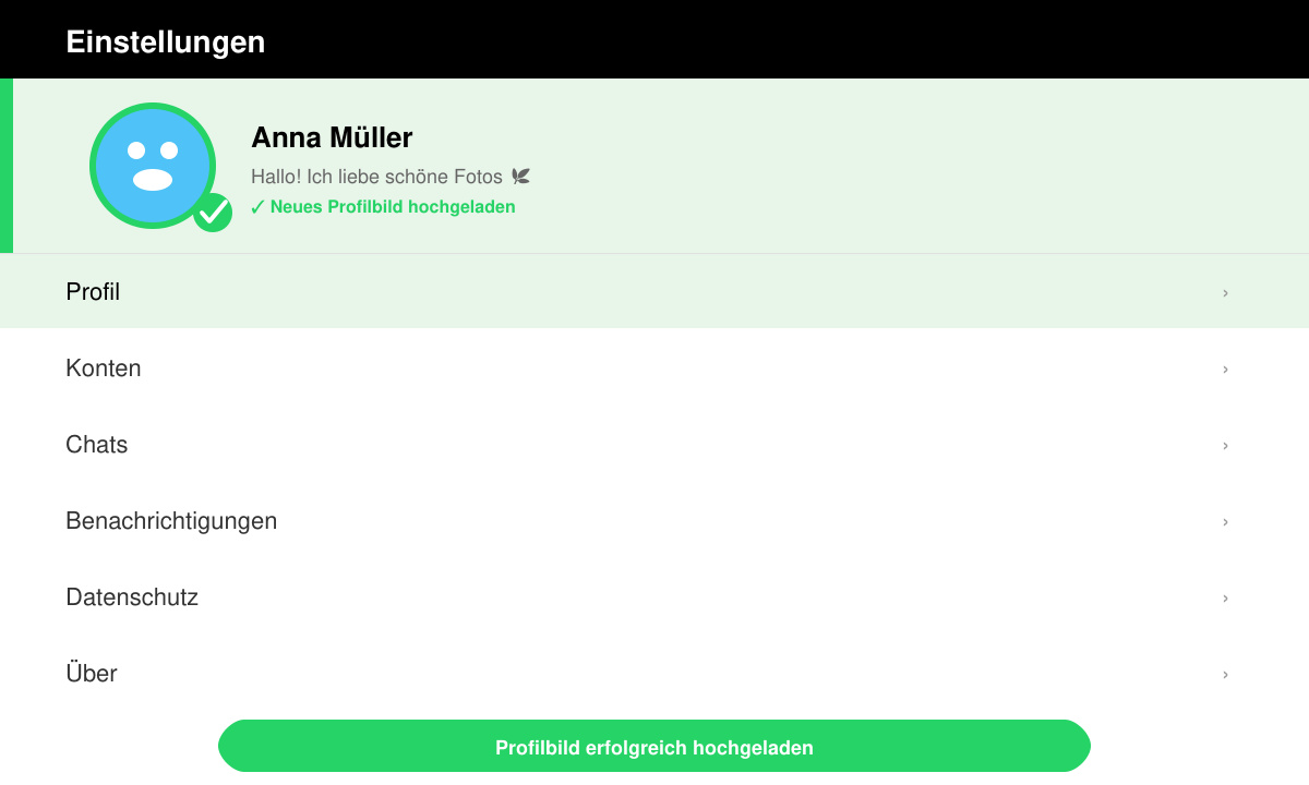 WhatsApp-Einstellungsbildschirm mit hervorgehobenem „Profil“-Menüpunkt und erfolgreich hochgeladenem neuen Bild