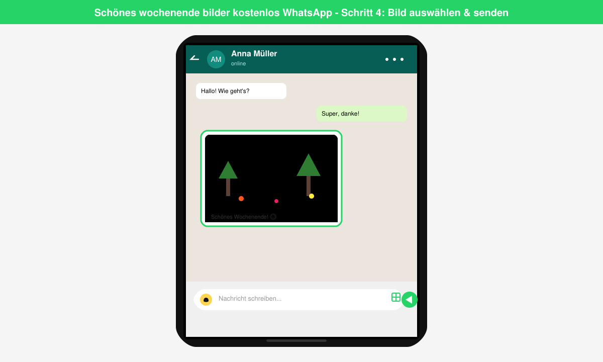 Mobile screen showing a WhatsApp chat with a beautiful weekend image being sent