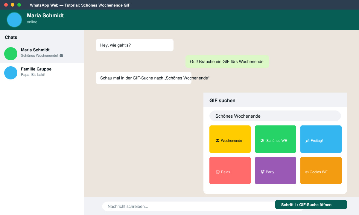 WhatsApp Chat mit geöffneter GIF-Suche für Schönes Wochenende