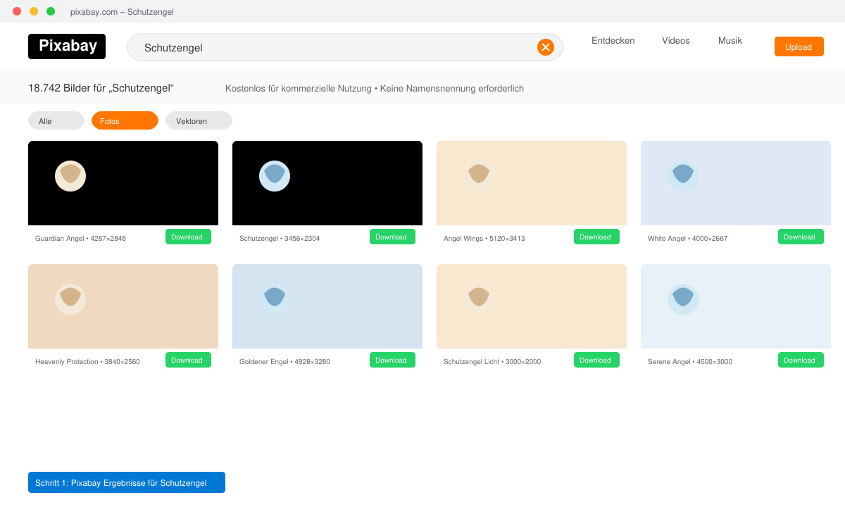 Screenshot der Pixabay-Suchergebnisse mit dem Begriff Schutzengel und Download-Buttons