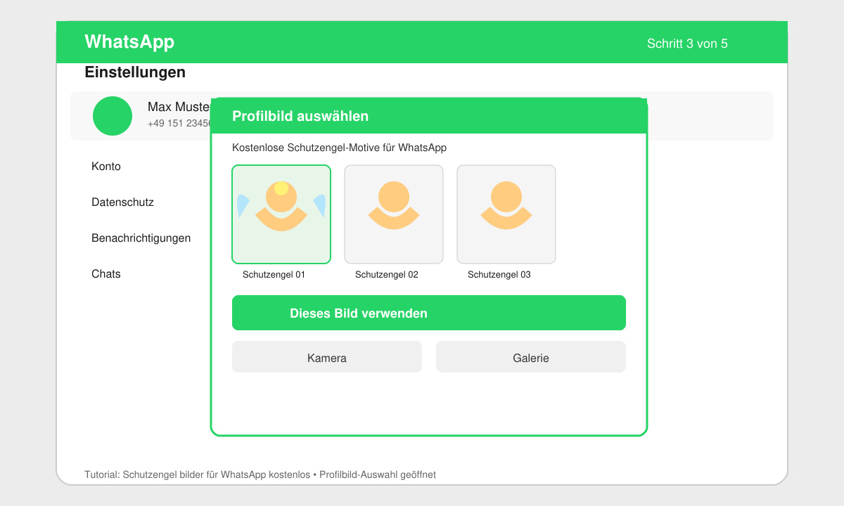 WhatsApp-Einstellungsmenü mit geöffneter Profilbild-Auswahl und einem Schutzengel-Motiv