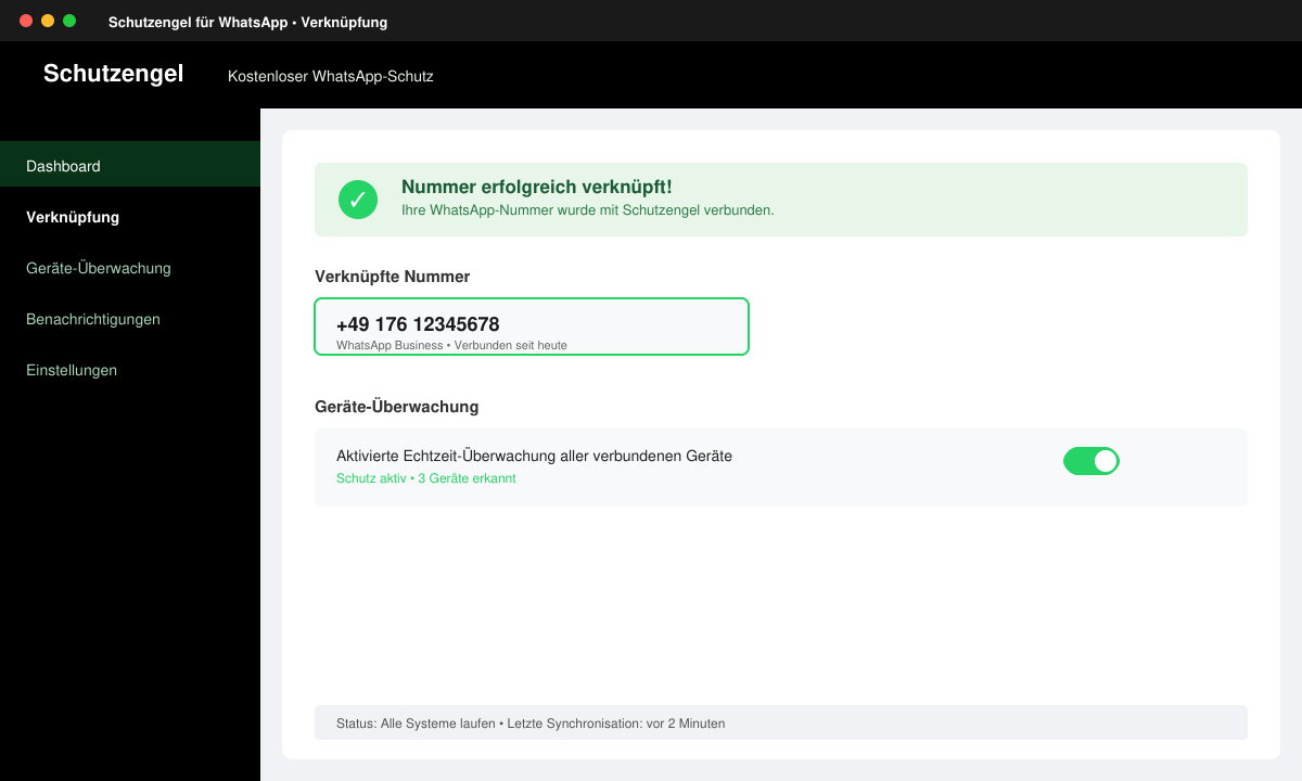 Erfolgreiche Verknüpfung der WhatsApp-Nummer mit dem Schutzengel für WhatsApp kostenlos