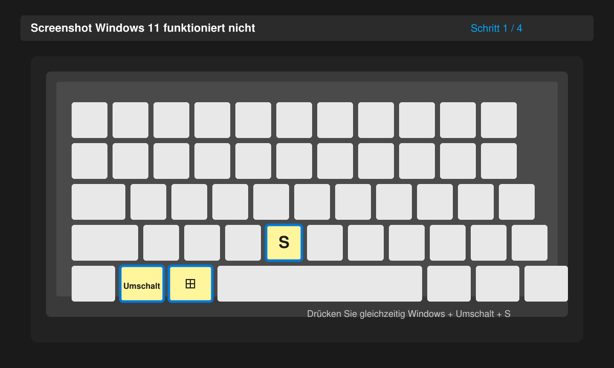 Nahaufnahme der Windows-Tastatur mit hervorgehobenen Tasten Windows, Umschalt und S