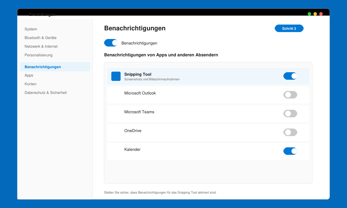 Windows 11 Einstellungsfenster mit aktivierten Benachrichtigungen für das Snipping Tool