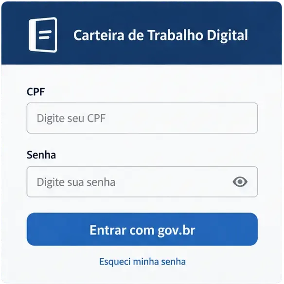 Tela ilustrativa da Carteira de Trabalho Digital com campos de CPF e senha