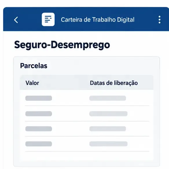 Tela ilustrativa com parcelas, valores e datas de liberação do Seguro-Desemprego