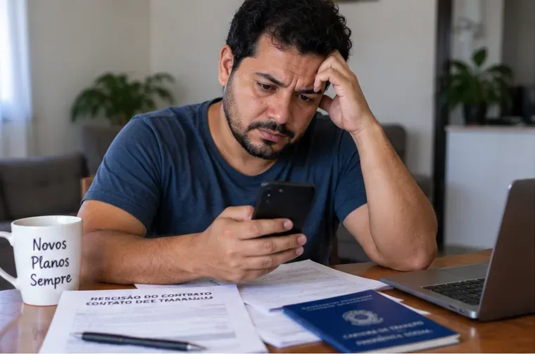 Trabalhador demitido sentado à mesa conferindo celular, documentos de rescisão e carteira de trabalho