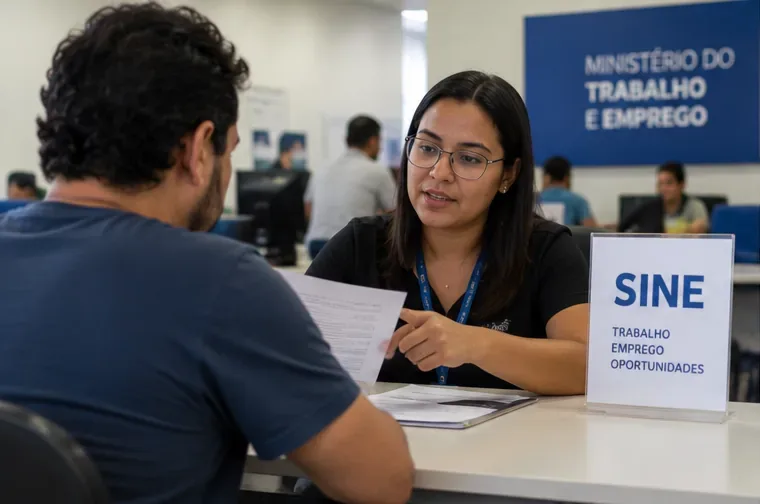 Trabalhador conversando com atendente em posto do SINE e apresentando um documento para conferência