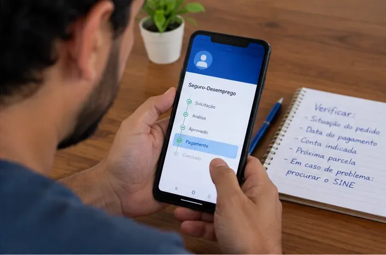 Trabalhador consultando no celular uma tela de acompanhamento do seguro-desemprego ao lado de um caderno de anotações
