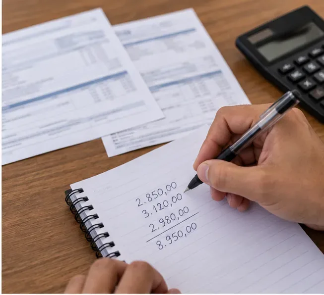 Pessoa somando três valores salariais em um caderno para obter o total usado na média do seguro-desemprego
