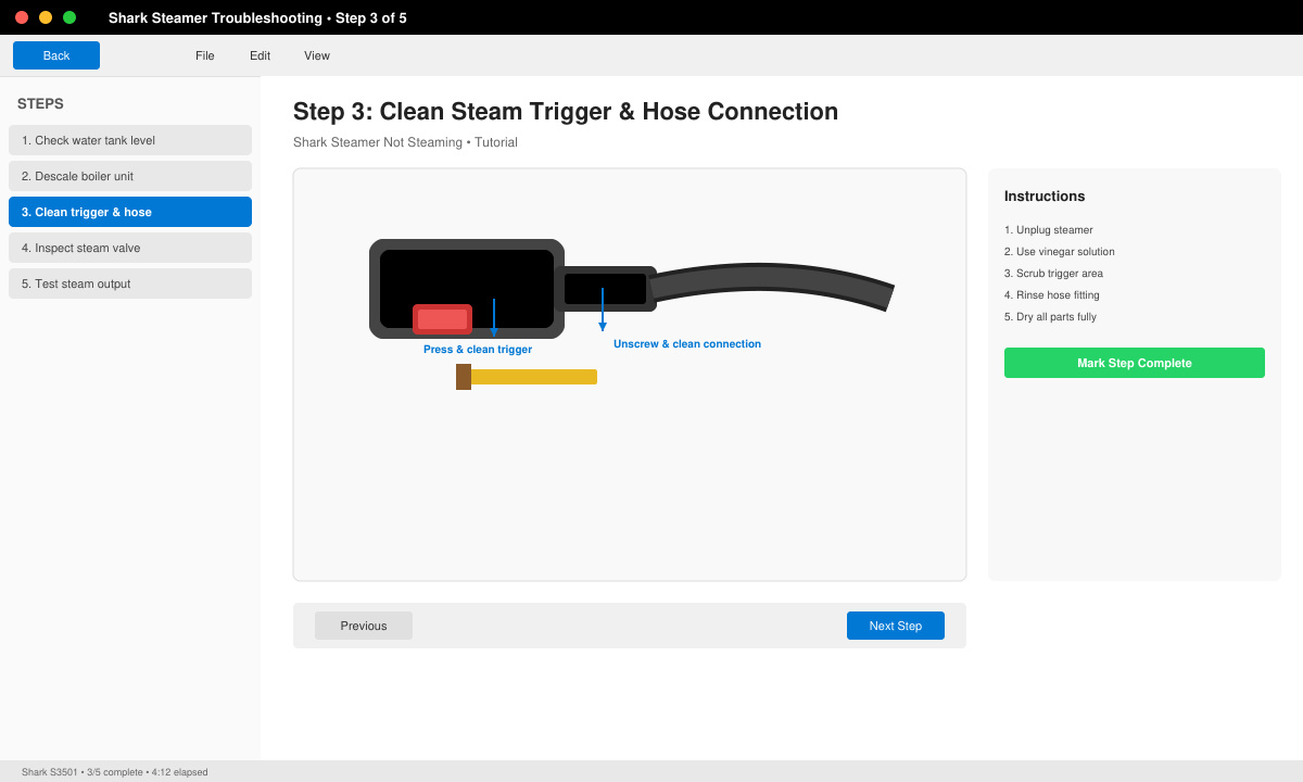 Detailed view of cleaning the steam trigger and hose connection on a Shark steamer