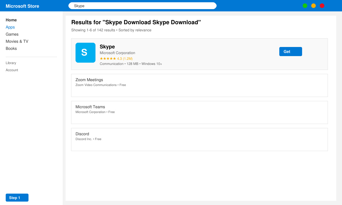 Screenshot of Microsoft Store search results page with Skype highlighted