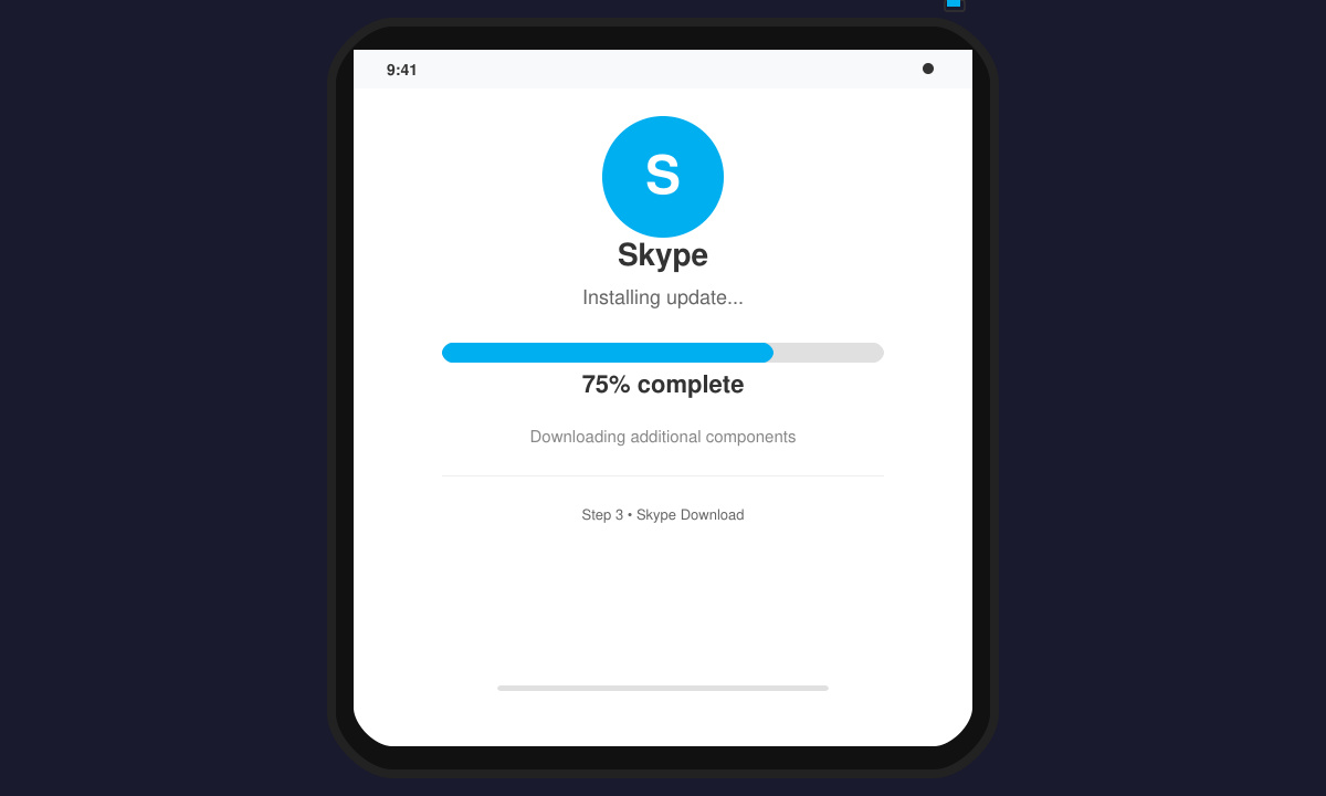 Mobile screen showing Skype installation progress bar at 75 percent