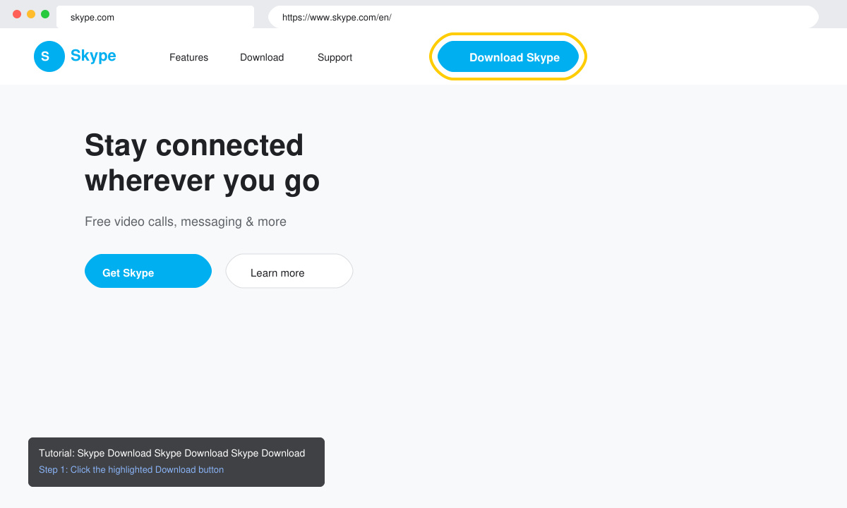 Screenshot of the Skype website download button on a computer screen