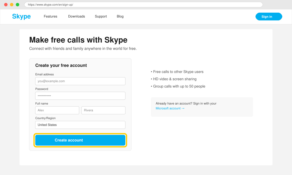 Screenshot of the Skype sign-in and account creation screen on a computer