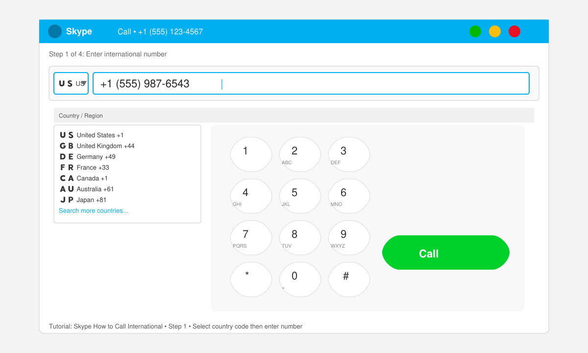 Close-up of Skype dial pad with cursor in the number field and country selector visible